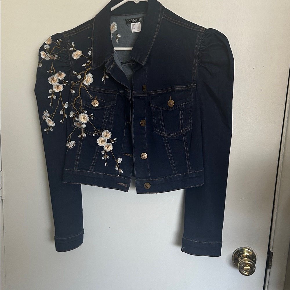 Beautiful VENUS dark Denim Jacket with gorgeous flower embroidery